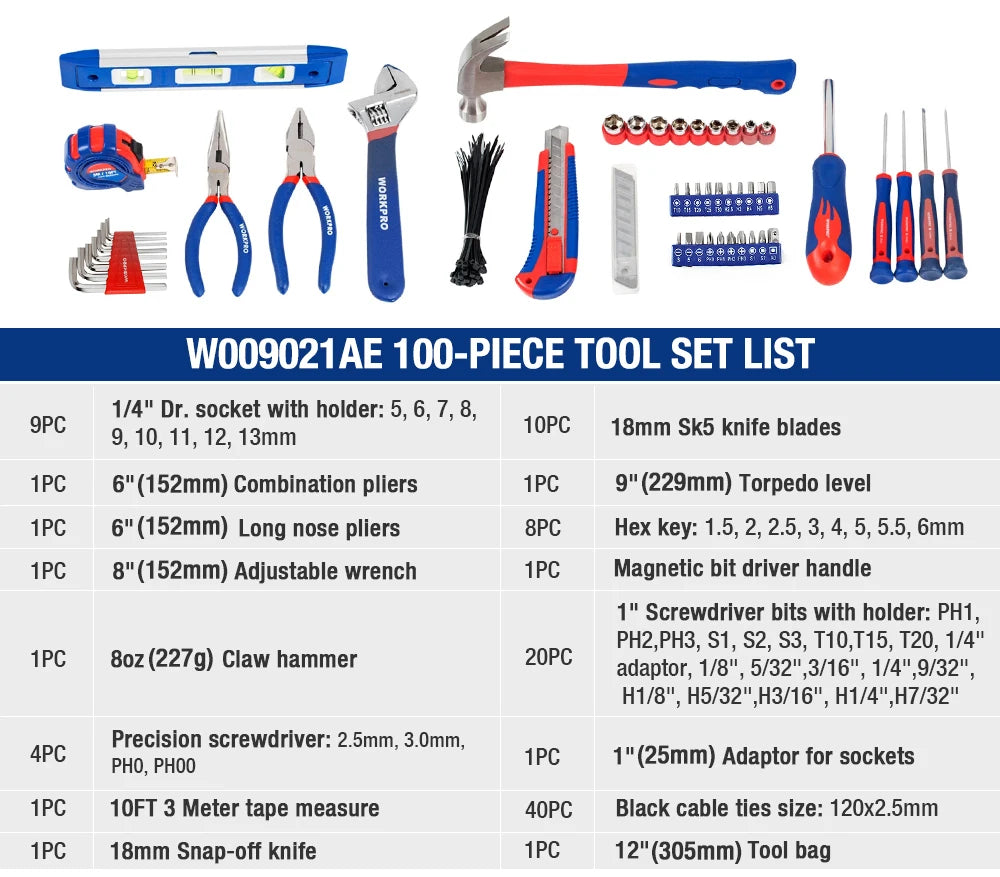 WORKPRO 100PCS Household Tool Set Kitchen Mechanic Tool Kit Pliers Screwdrivers Sockets Wrenches Hammer Knife
