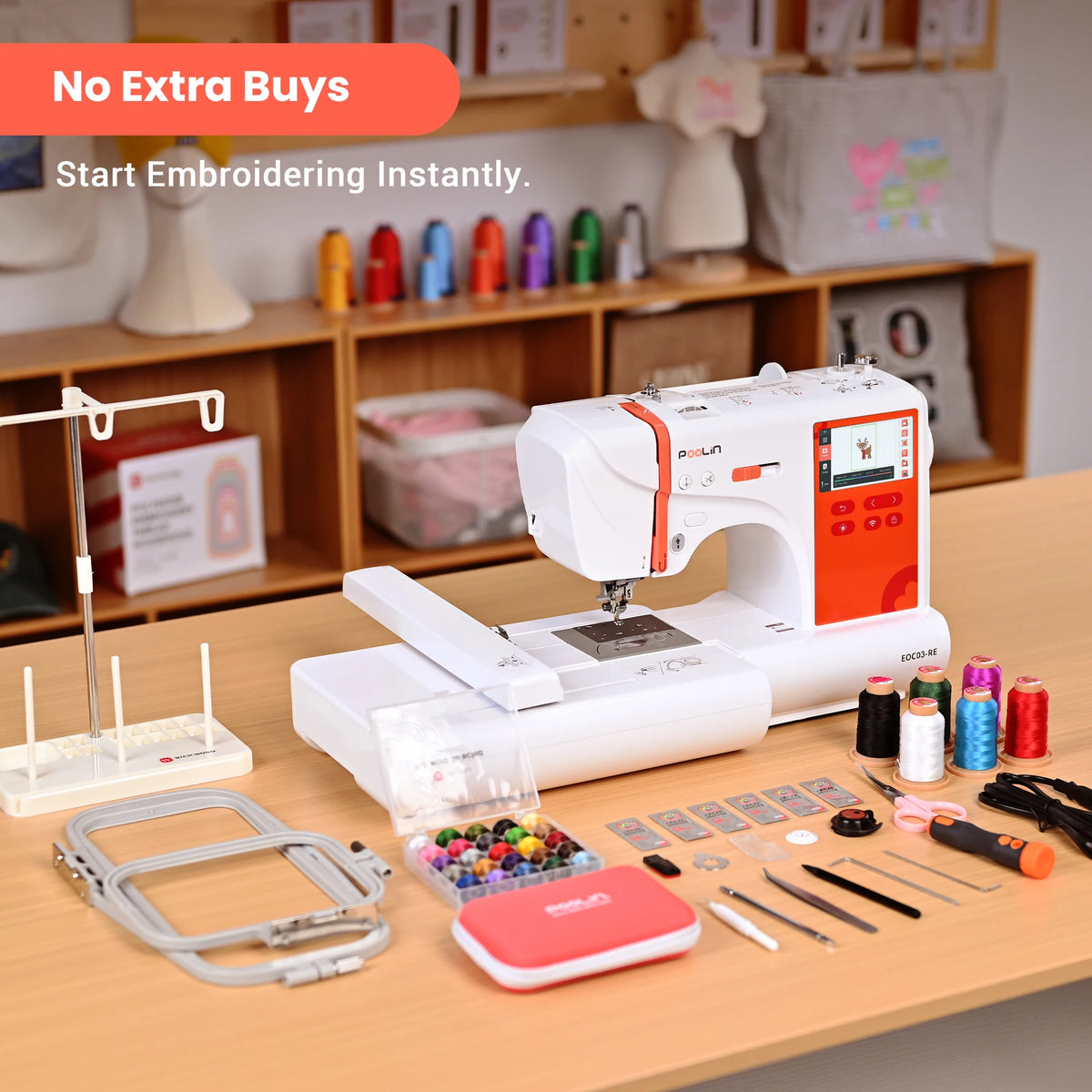 PooLin EOC03RE Embroidery Machine 4x4 & 4x9.25 Embroidery Area for Beginners, Easy Operation System, 130 Built-in Designs, 8 Fonts, Home DIY Embroidery Machine with Starter Kit for Beginners