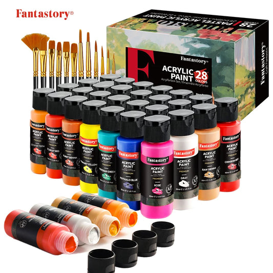 Fantastory 28 Classic Colors Acrylic Paint Set, Professional Craft Paint With 12 Brushes, Suitable for Wood/ Stons/ Model/ Rock