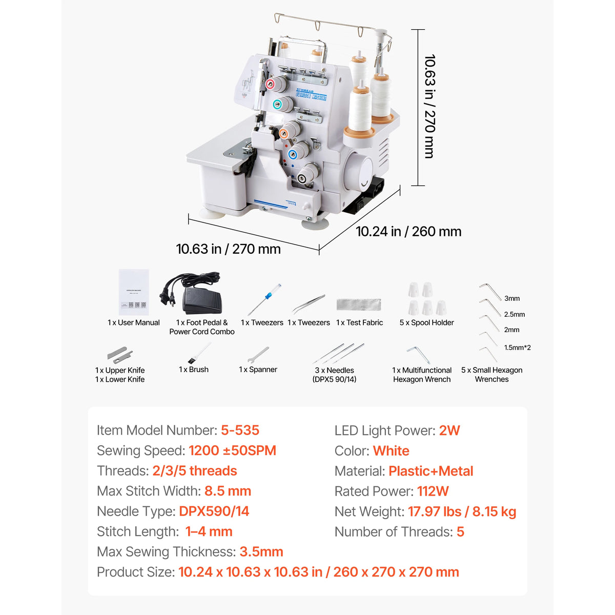 SucceBuy Serger Overlock Sewing Machine 1250 Stitches Per Minute 2-3-4 Thread Capability 0.7-2 Adjustable Differential Feed