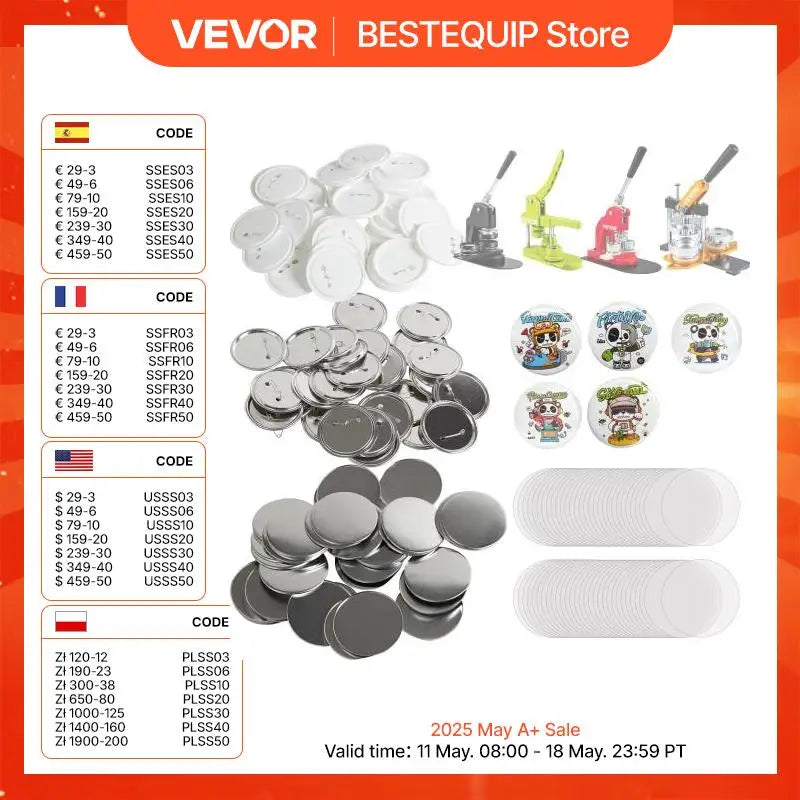 VEVOR 25/32/58/75mm Button Badge Parts Supplies for Button Maker Machine 200/500Sets Metal and Plastic Pin Badges