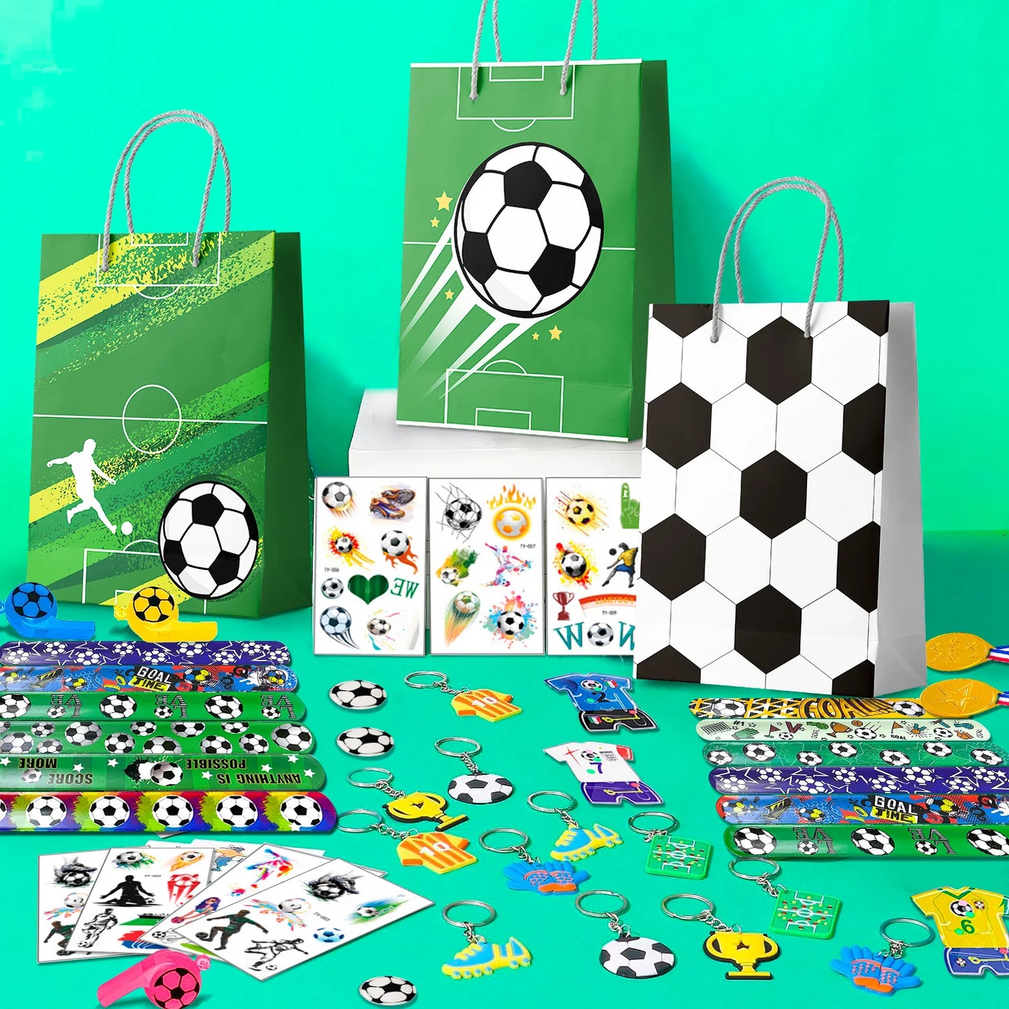 Soccer Favors,96pcs Soccer Party Favors for Kids Including Soccer Slap Bracelets Stickers Medals Keychains Bags Maza Toys etc