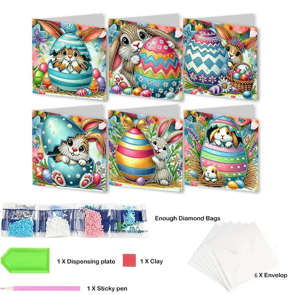 6Pcs Easter Egg DIY Diamond Painting Card Rhinestone Painting Card Kit Diamond Painting Greeting Card for Holiday Party Favors
