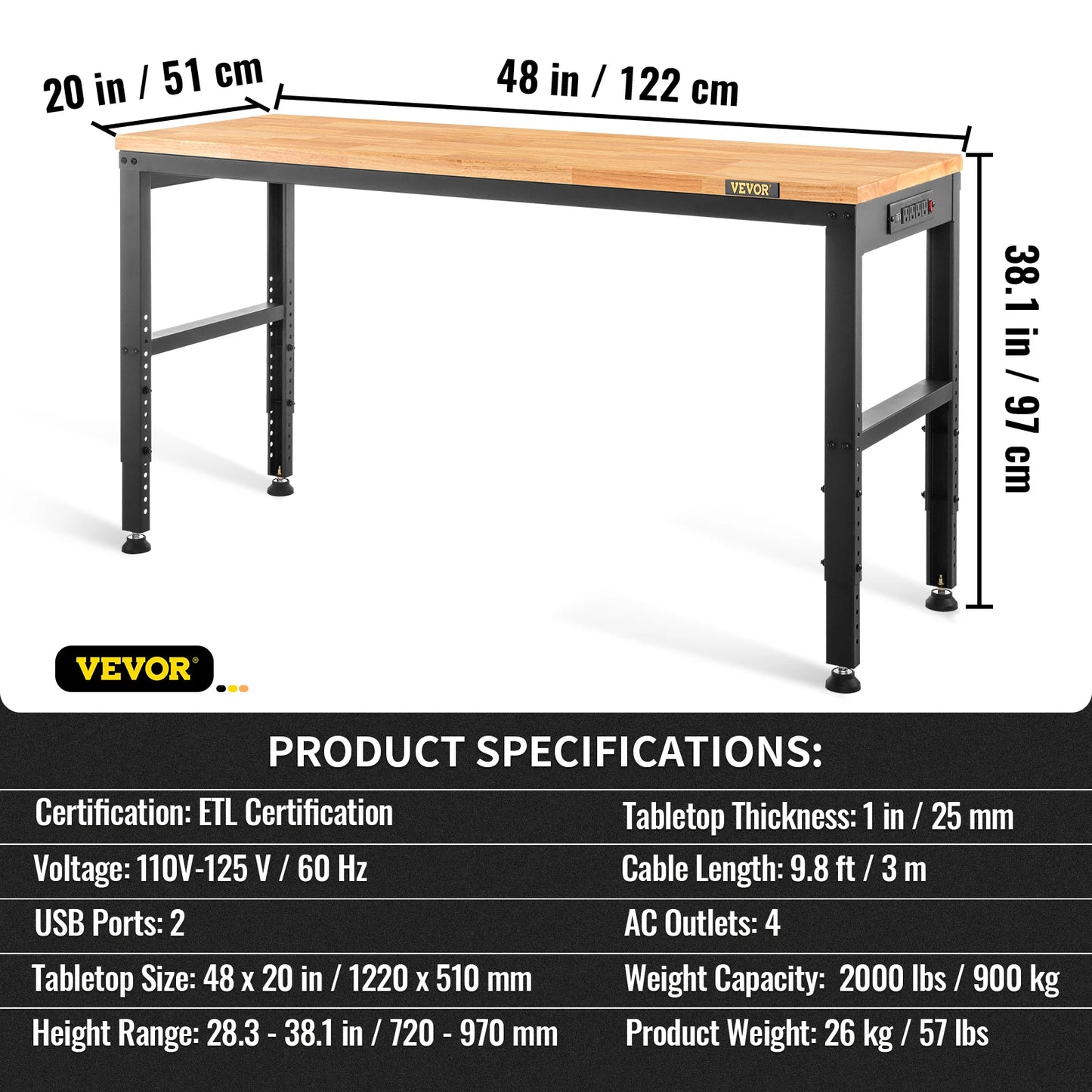 SucceBuy 72cm  Workbench Adjustable Height Oak Wood Hardwood Top Work Table 900KG Capacity for Office Home Workshop