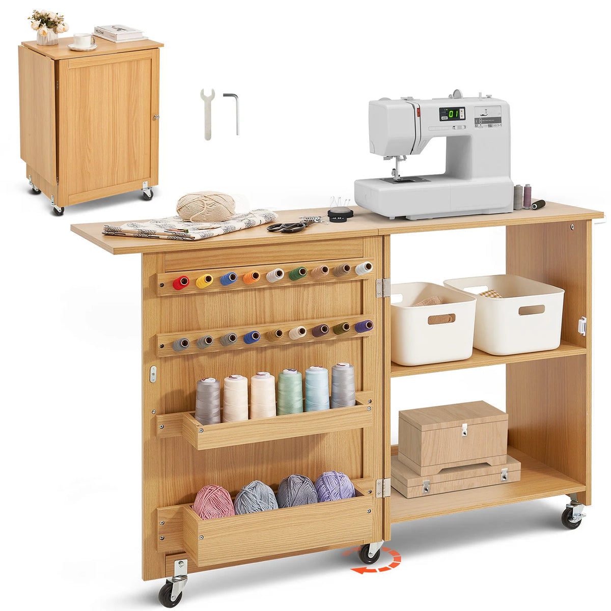 SucceBuy Multipurpose Folding Sewing Machine Table w/ Compact Design Wheels Shelves Storage Trays Wooden Pegs and Magnetic Doors