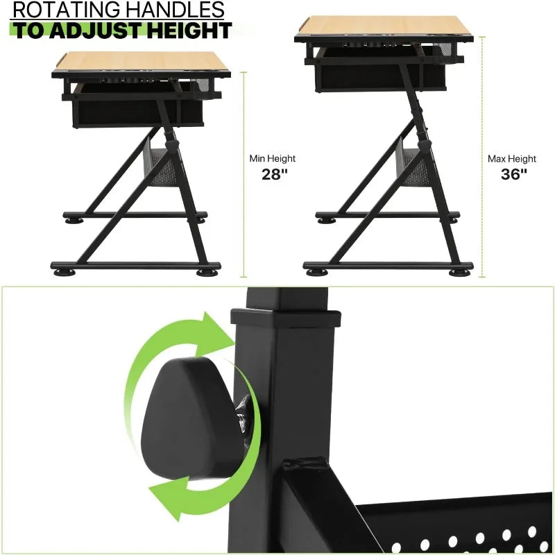 Drafting Table Set Adjustable Height Artist Desk with Tilting Wooden Tabletop and Sliding Desktop, Multifunctional Art Desk