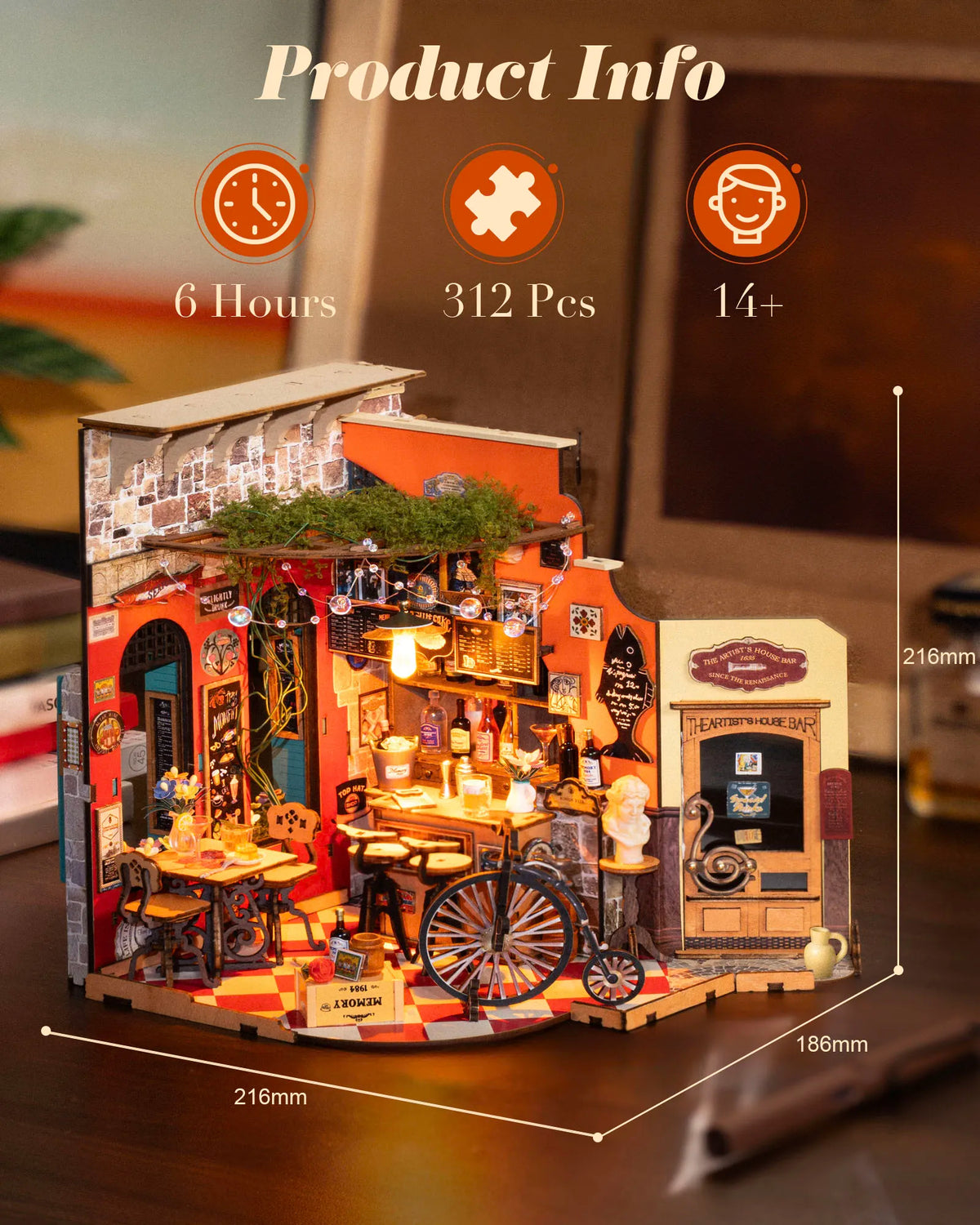 Rolife Wooden 3D Puzzle Cheers Bar DIY Miniature Dollhouse Kit with LED Light for Bookshelf Decor Birthday Gifts for Adults