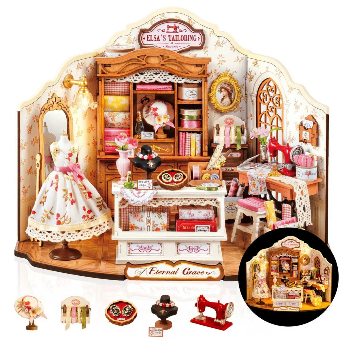 Rolife Wooden 3D Puzzle Elsa's Tailor DIY Mini Dollhouse Model Building Kit with LED Light for Home Decor Holiday Gift for Adults Teens
