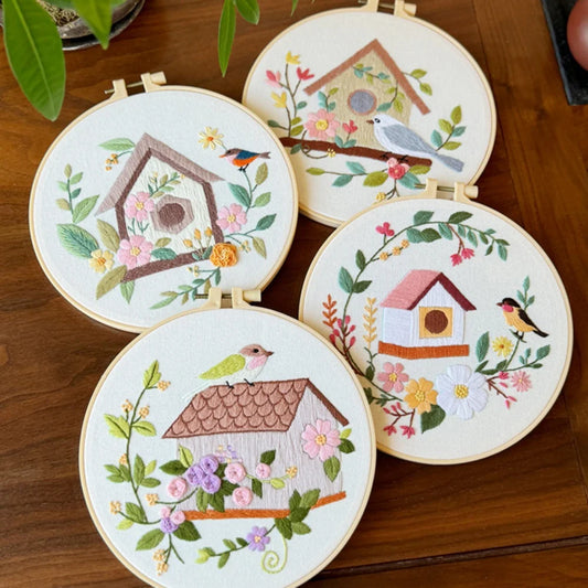 4pcs/set Bird Flower House Embroidery Kit Cross Stitch Embroidery Kit with English Instructions Needle Thread Home Decoration