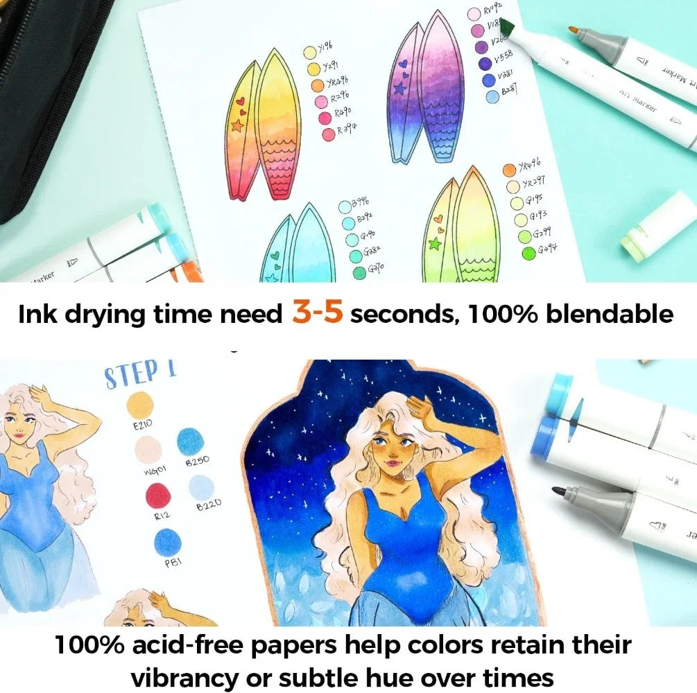 Double-sided marker pad art sketchbook impermeable - 7"x10" large paper size - 90LB/150GSM smooth drawing paper