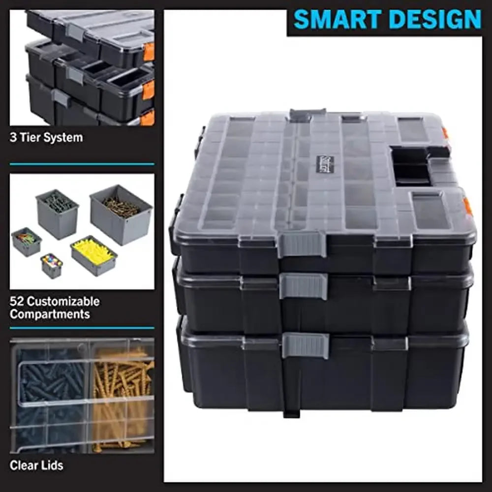 Portable 3-Tier Tool Box Organizer with 52 Customizable Compartments Hardware Craft Supplies or Beads Clear Lids Durable