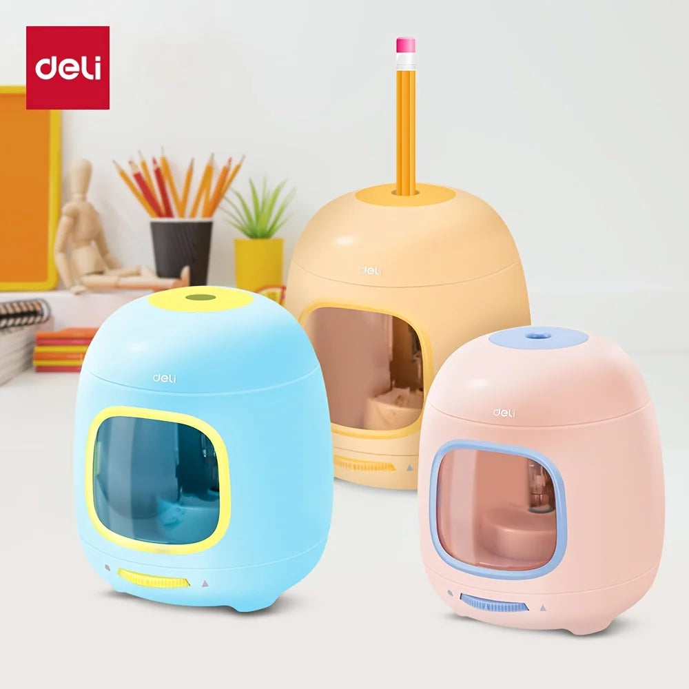 Deli Electric Pencil Sharpener,Efficient and Portable Sharpening Tool for Home, School, and Office Use,Blue, Pink, Yellow