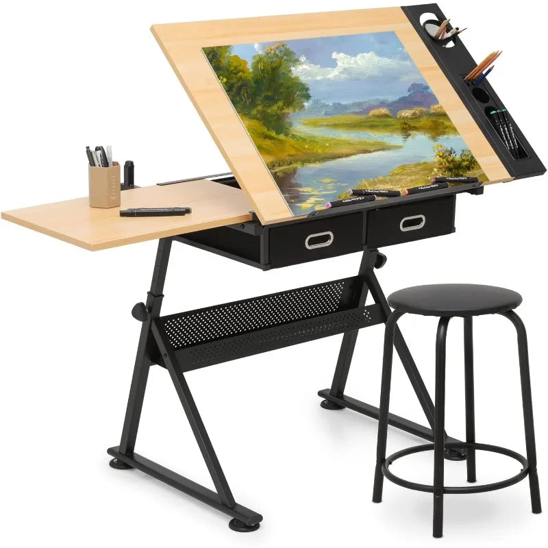 Drafting Table Set Adjustable Height Artist Desk with Tilting Wooden Tabletop and Sliding Desktop, Multifunctional Art Desk