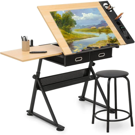 Drafting Table Set Adjustable Height Artist Desk with Tilting Wooden Tabletop and Sliding Desktop, Multifunctional Art Desk