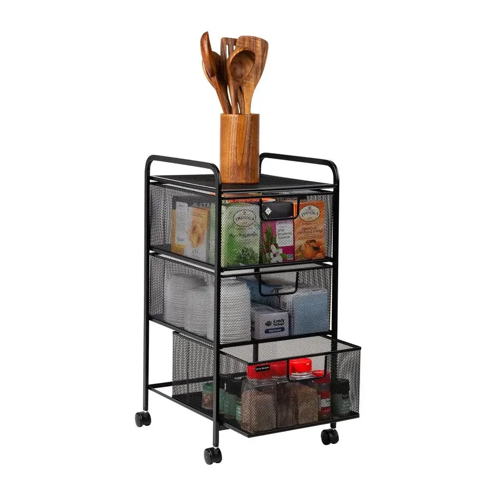 Rolling Metal Storage Cart with 3 Mesh Drawers Portable Organizer Office Supplies Craft Materials and Documents Compact Size and