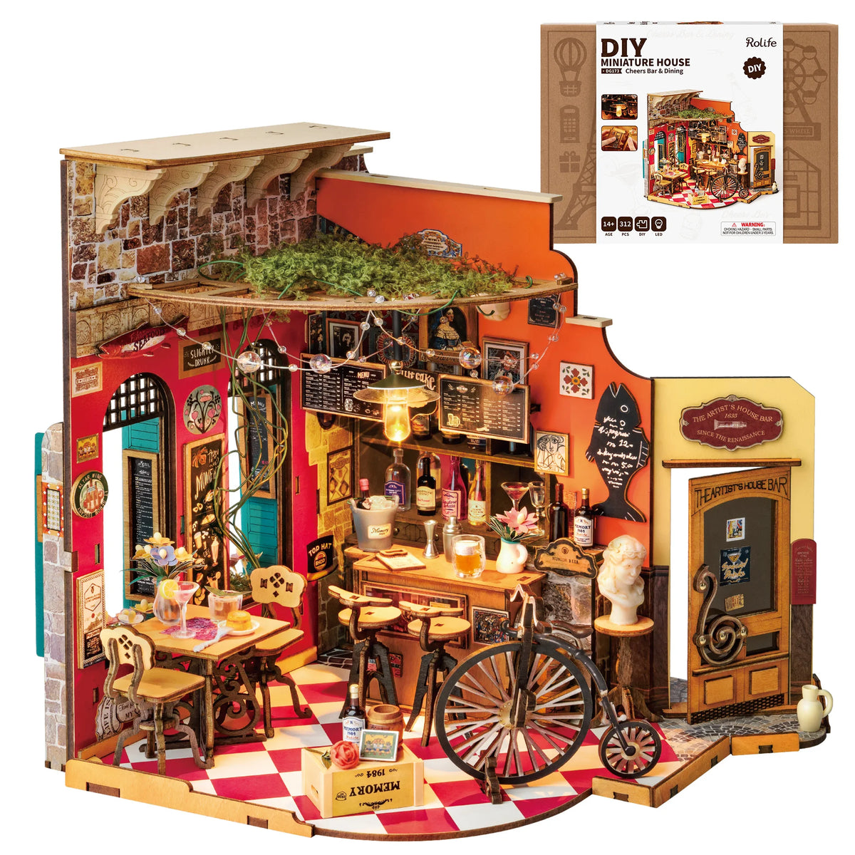 Rolife Wooden 3D Puzzle Cheers Bar DIY Miniature Dollhouse Kit with LED Light for Bookshelf Decor Birthday Gifts for Adults