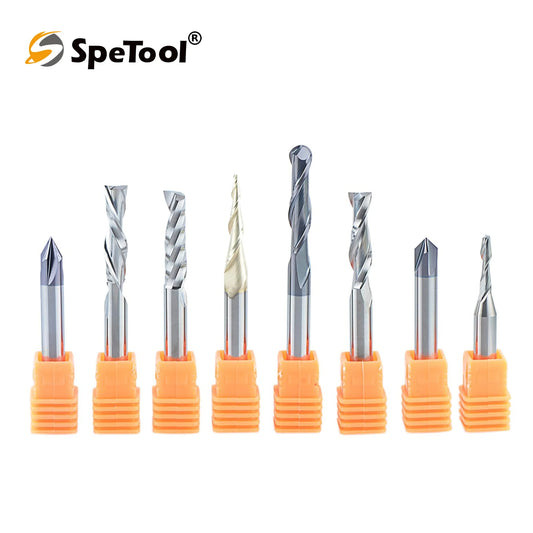 SpeTool 8Pcs Carbide CNC Router Bits Set 1/4 Inch Shank for Woodwork Detail Carving Trimming V Groove Engraving Slotting Mortise