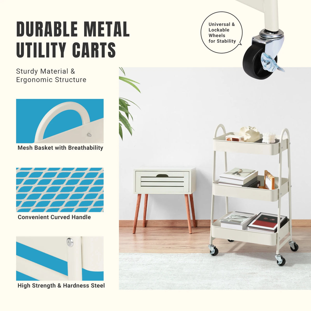 JHK 3 Tier Metal Storage Cart with Lockable Wheels Mobile Shelving Unit Utility Rolling Organizer For Home Narrow Places