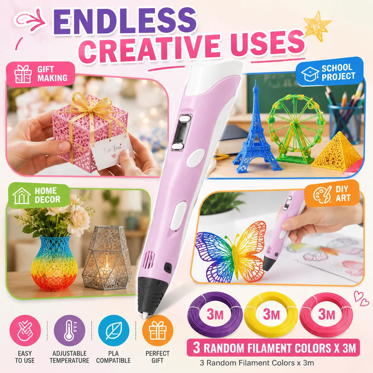 3D Printer Pen Kits LED Screen PLA Filament 3D Drawing Tool Kids Art Craft Set 3D Doodler Pen with Refill Material Creative Educational Toy for Boys Girls DIY Projects Birthday Gift School Home Craft Supplies Easy Use Starter
