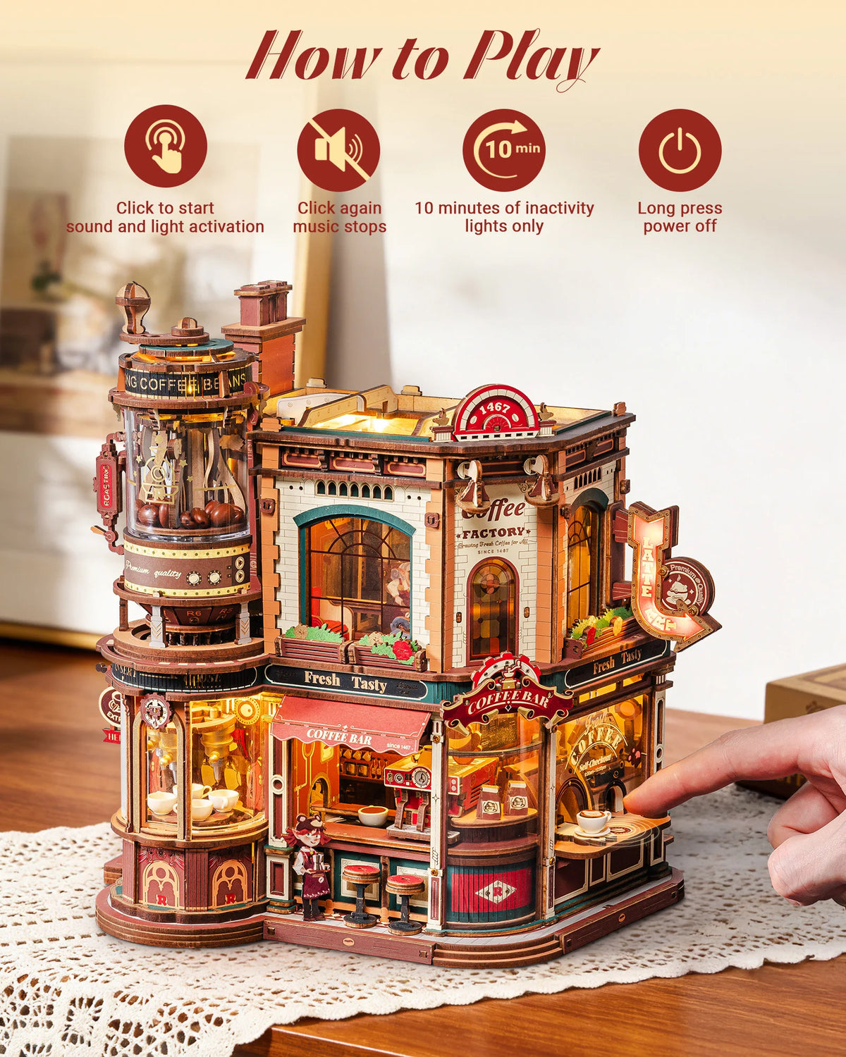 ROKR Wooden 3D Puzzle Dream Coffee Factory Music Box Model Building Kit 593-piece DIY Miniature House Kit with LED Light Unique Home Decor Gift for Adults Women