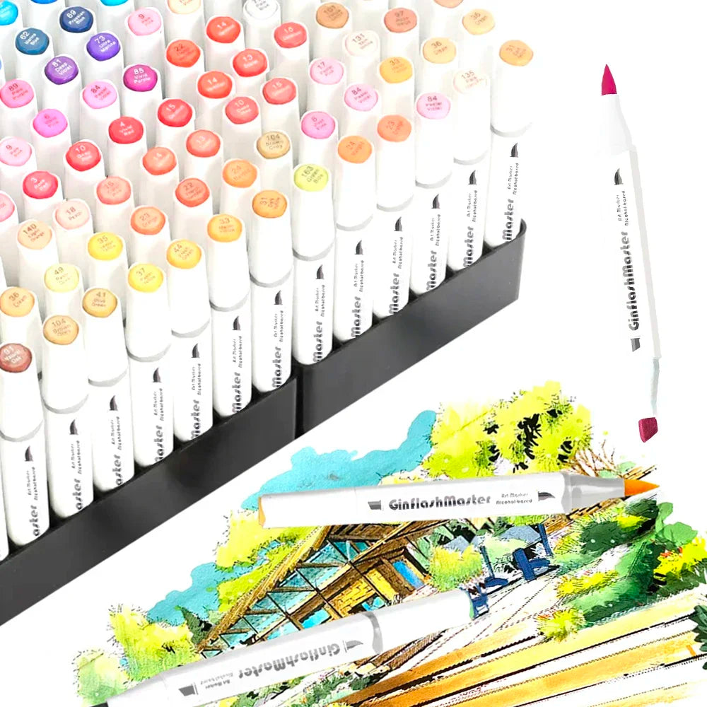Ginflash Soft brush & Chisel Art Markers Brush Pen Sketch Alcohol Based Markers Dual Head Manga Drawing Art Supplies