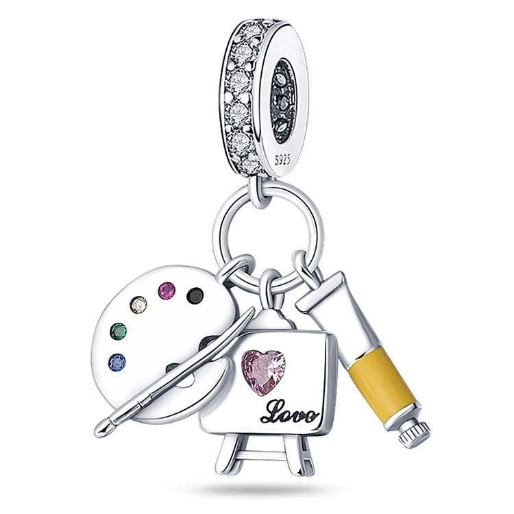 925 Sterling Silver Artist Brush Tools Color Palette Oil Painting Charms Beads Fit Original Bracelets DIY Jewelry Gifts