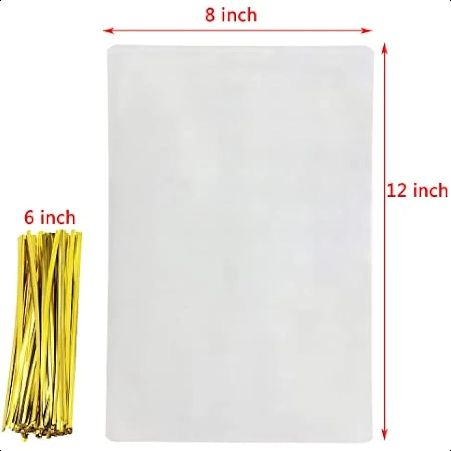 8" x 12" Clear Treat Bags OPP Cello Cellophane Flat Bag With 50Pcs Gold Color Twist Ties For Wedding Gift Candy Cookie Bakery B