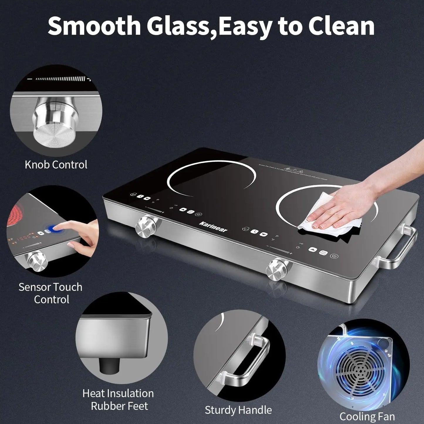 Karinear Ceramic Hob 2 Zones, 3200W Plug in Electric Hob with Safety Lock, Knobs&Touch Control, 56cm Coutertop Freestanding 240V