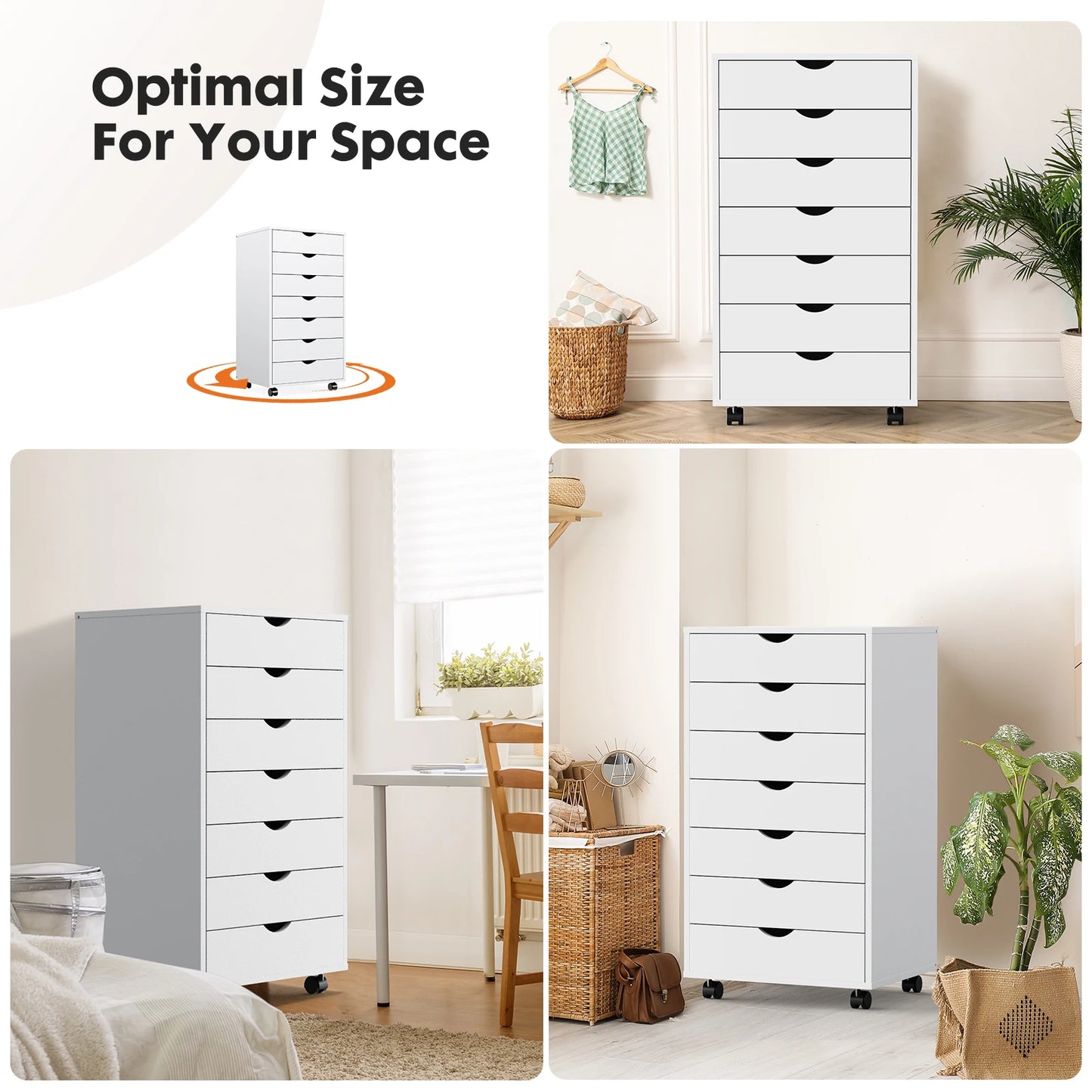 JH 7 Drawer Chest Dressers Nightstand Storage Cabinet Wooden File Office Mobile Cabinet Wheels