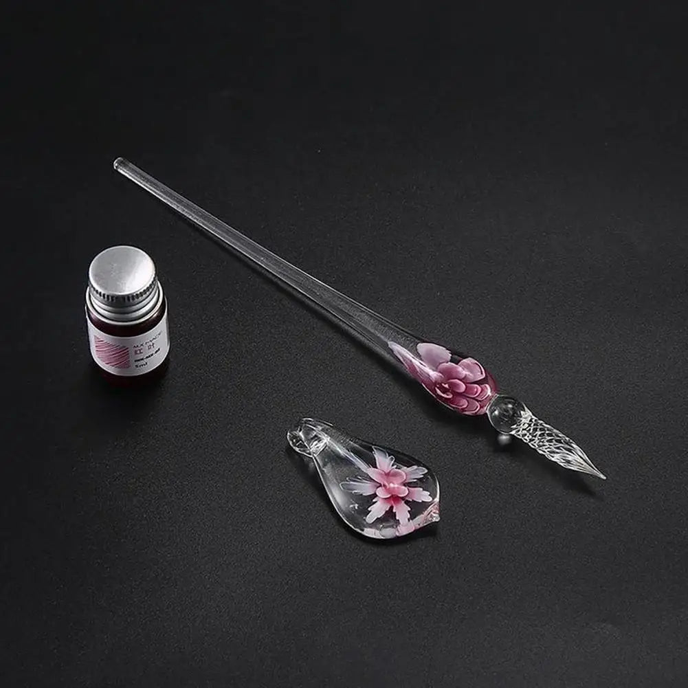 1 Set Transparent Dip Pen with Inside Flower Glass Writing Pen Faux Crystal Ink Dip Pen Gift for Student