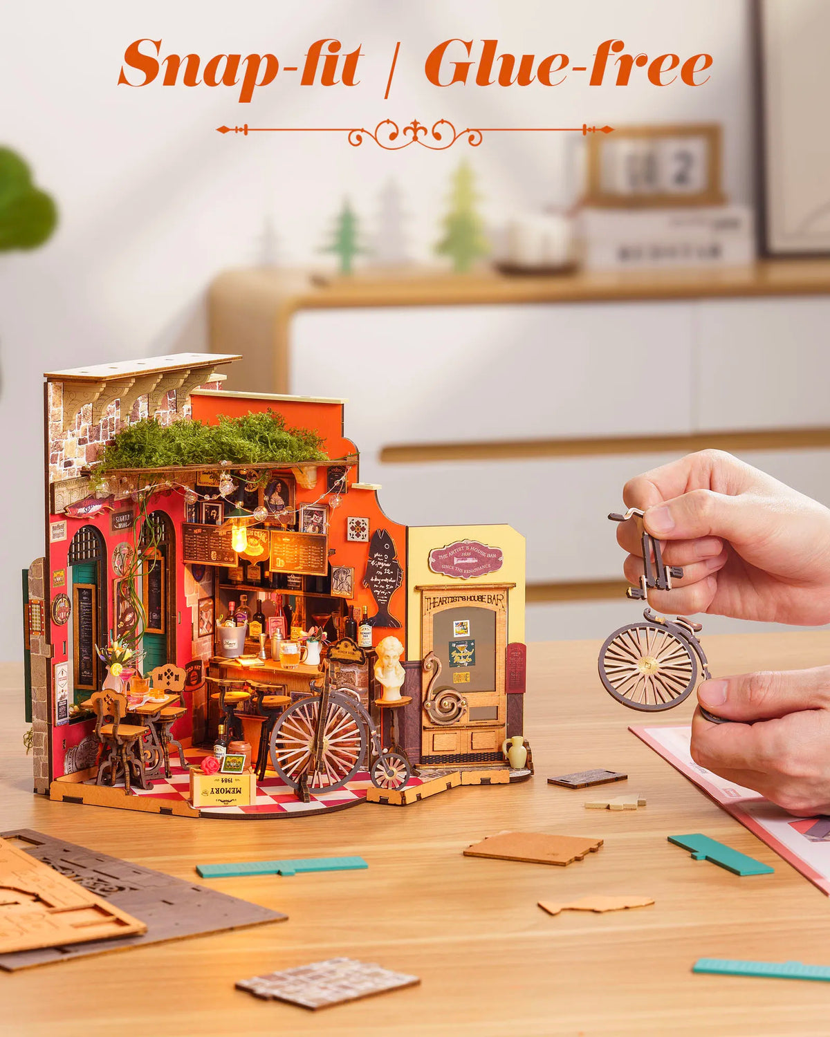 Rolife Wooden 3D Puzzle Cheers Bar DIY Miniature Dollhouse Kit with LED Light for Bookshelf Decor Birthday Gifts for Adults