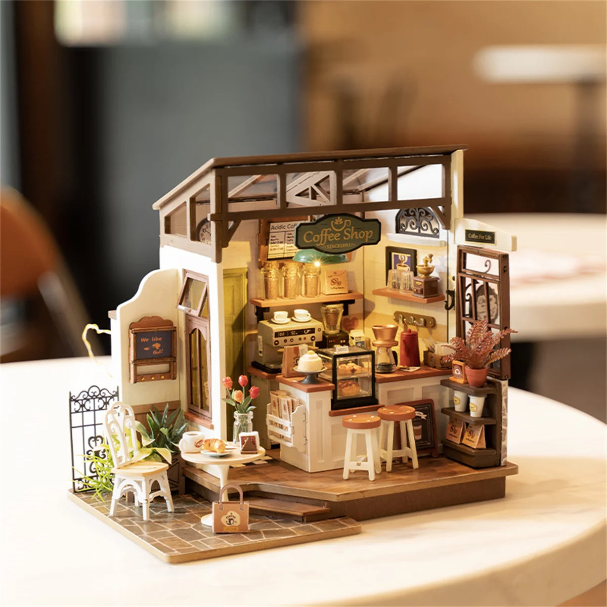 Rolife DIY Mini Dollhouse No 17 Cafe Model Kits DIY Coffee Shop Dollhouse Kids Miniature Fantasy Doll House Wooden Kit Toy