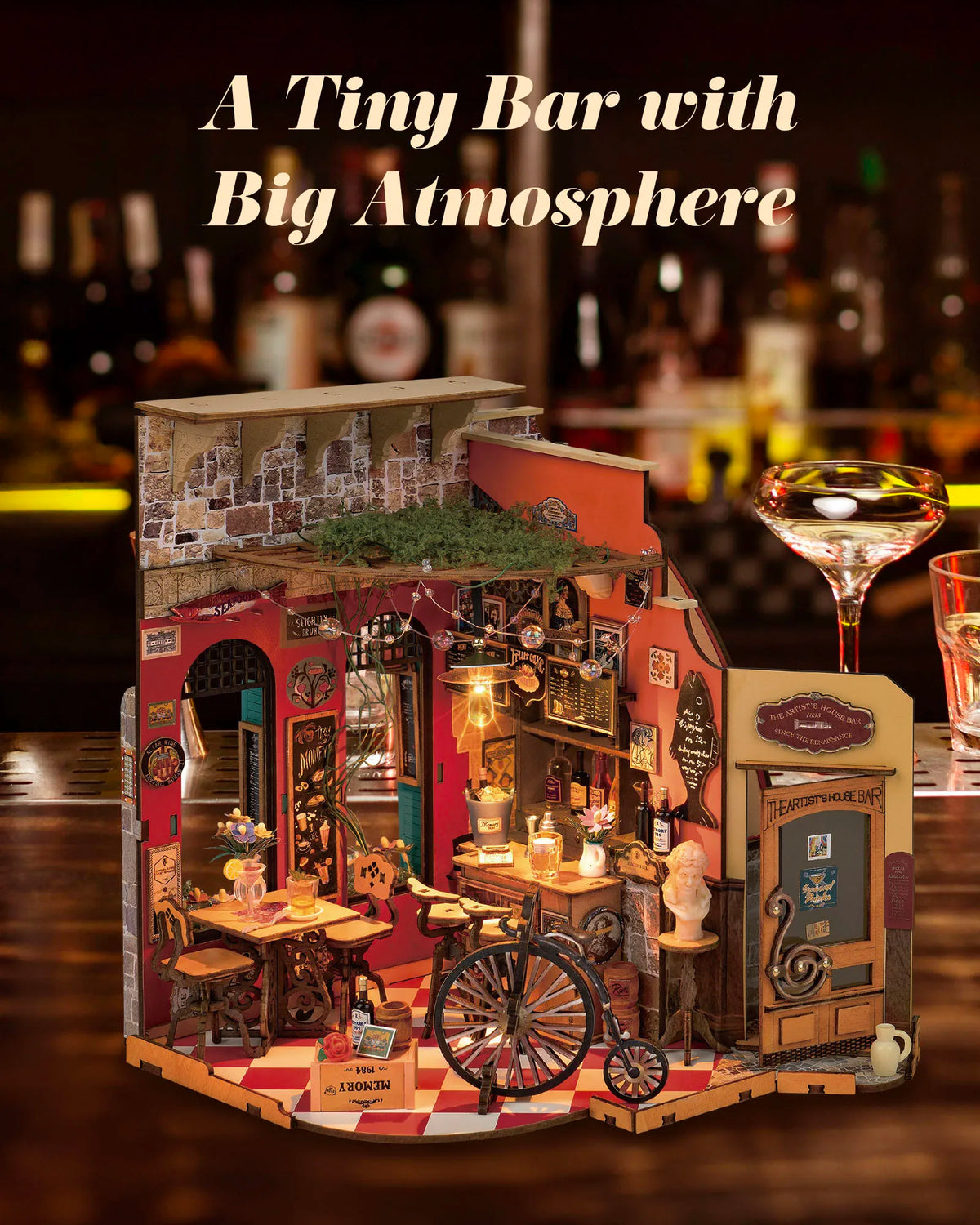 Rolife Wooden 3D Puzzle Cheers Bar DIY Miniature Dollhouse Kit with LED Light for Bookshelf Decor Birthday Gifts for Adults