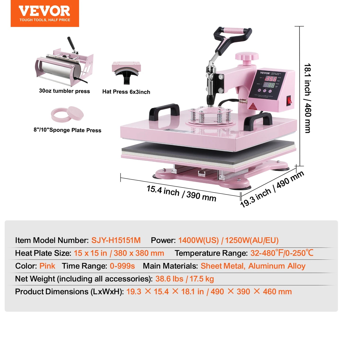 VEVOR Heat Press Machine  T-Shirts/Mugs/Hats/Plates Pink