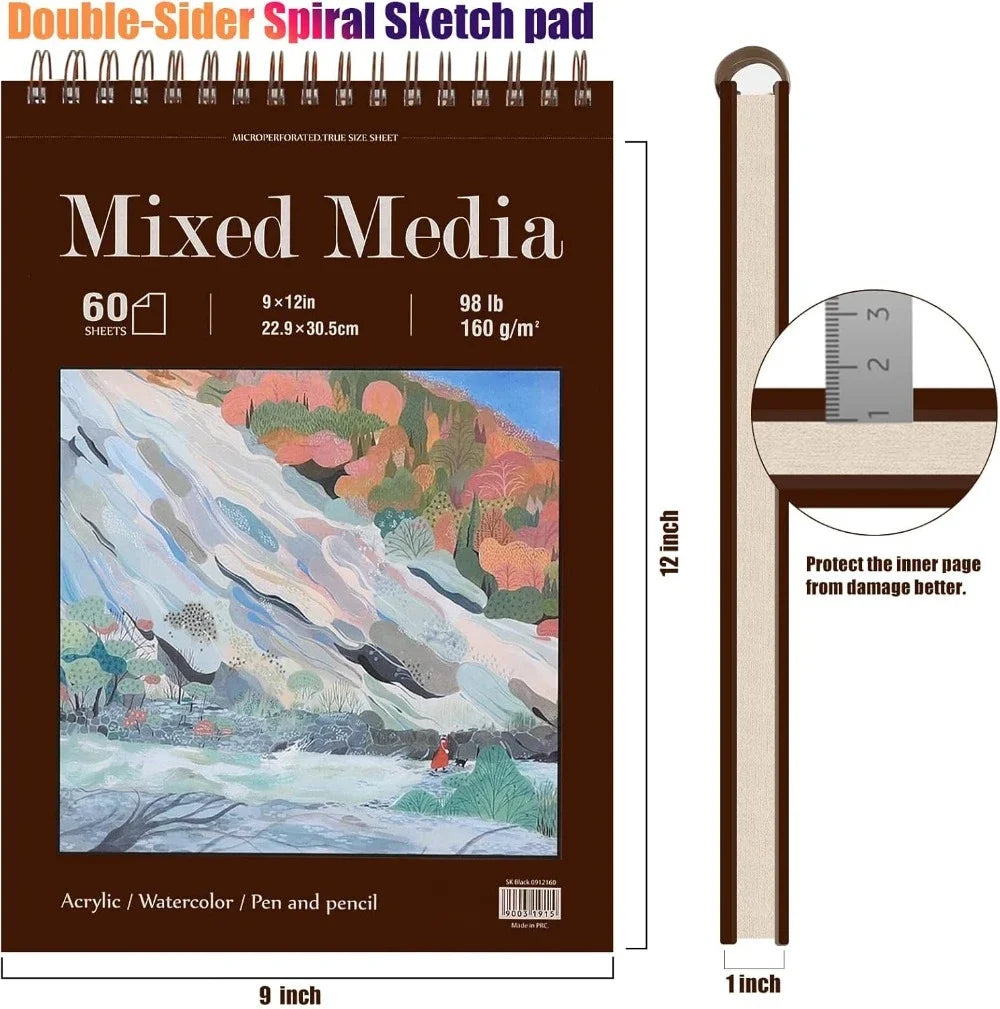 9 x 12 inches, 60 sheets (98 lb/160 g/m²) heavy-duty drawing paper, spiral-bound hardcover sketchbook on top