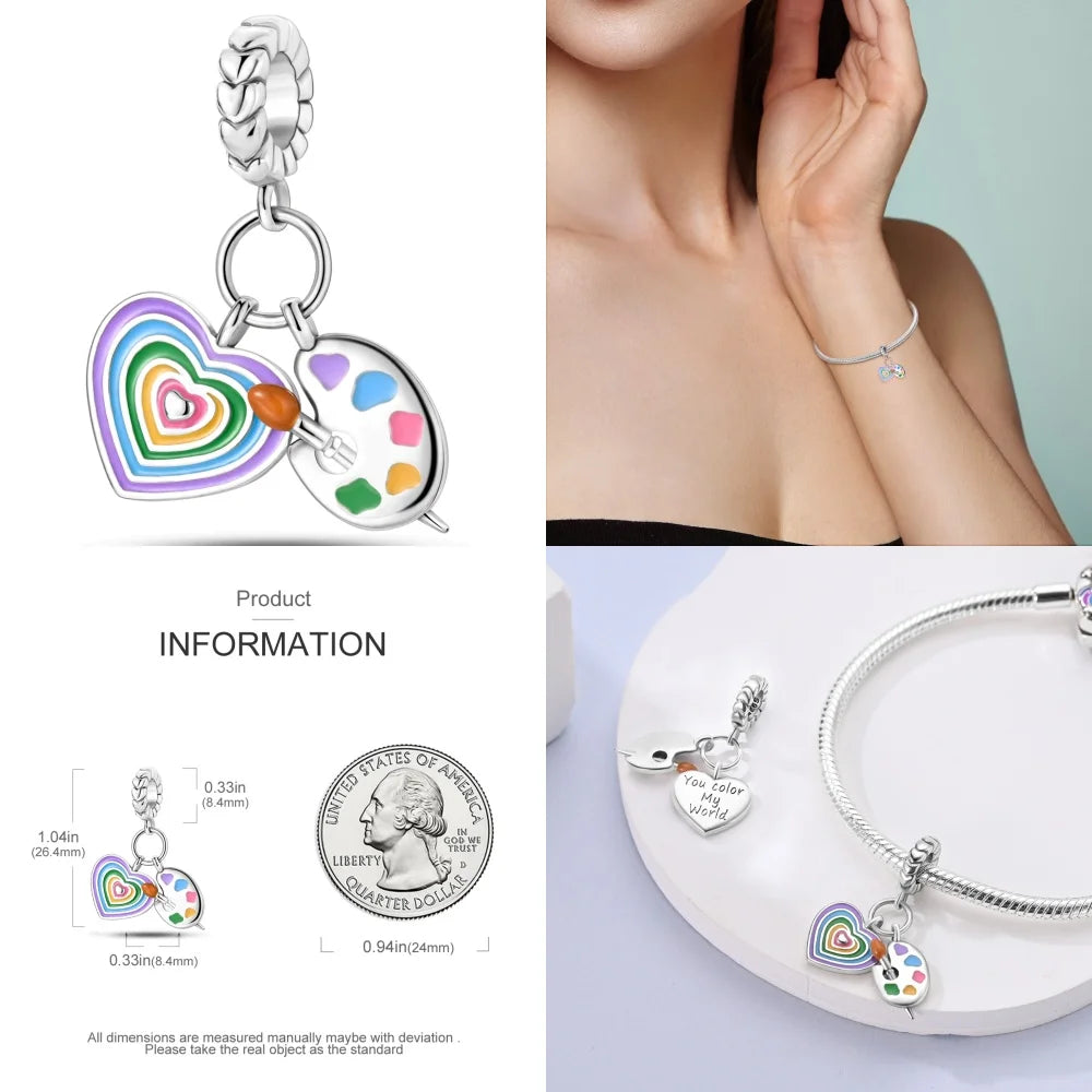 925 Sterling Silver Artist Brush Tools Color Palette Oil Painting Charms Beads Fit Original Bracelets DIY Jewelry Gifts