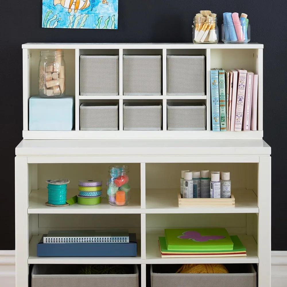 Crafting Kids- Creamy White: Wooden Shelving with Bins, 6 Compartment Art Supply Organizer for Playroom