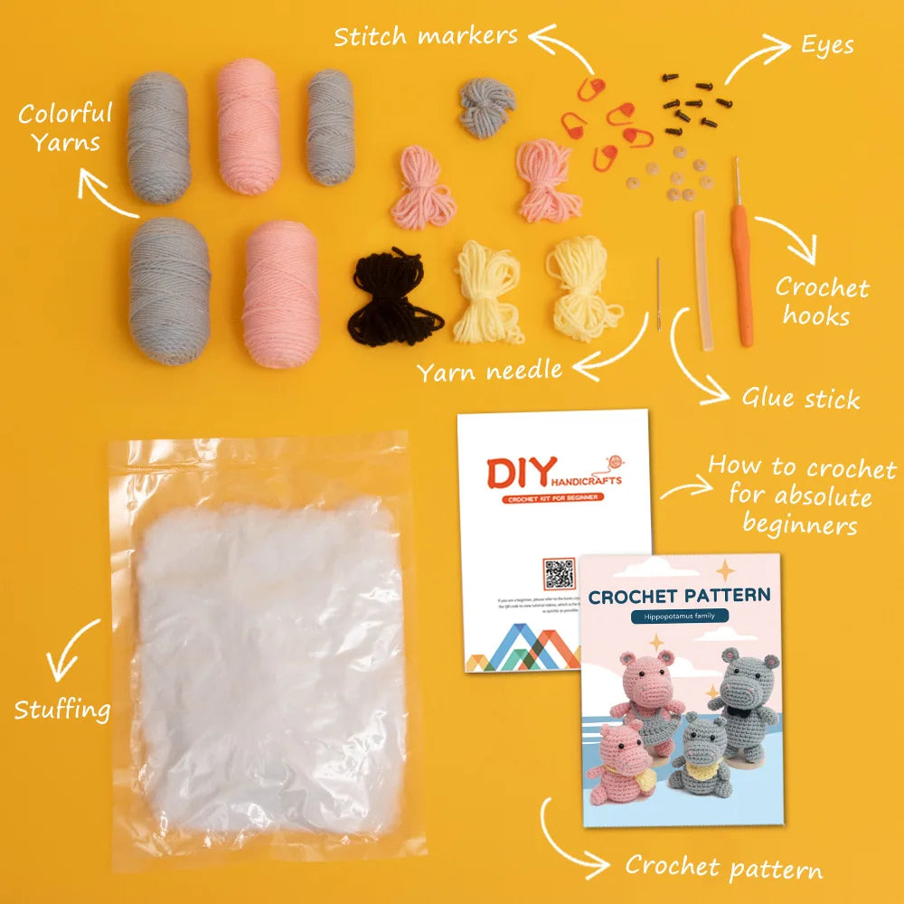Hippo Family Crochet Kit with Tools Yarn for Christmas Holiday DIY Arts Craft Knitting Handmade Craft Kit