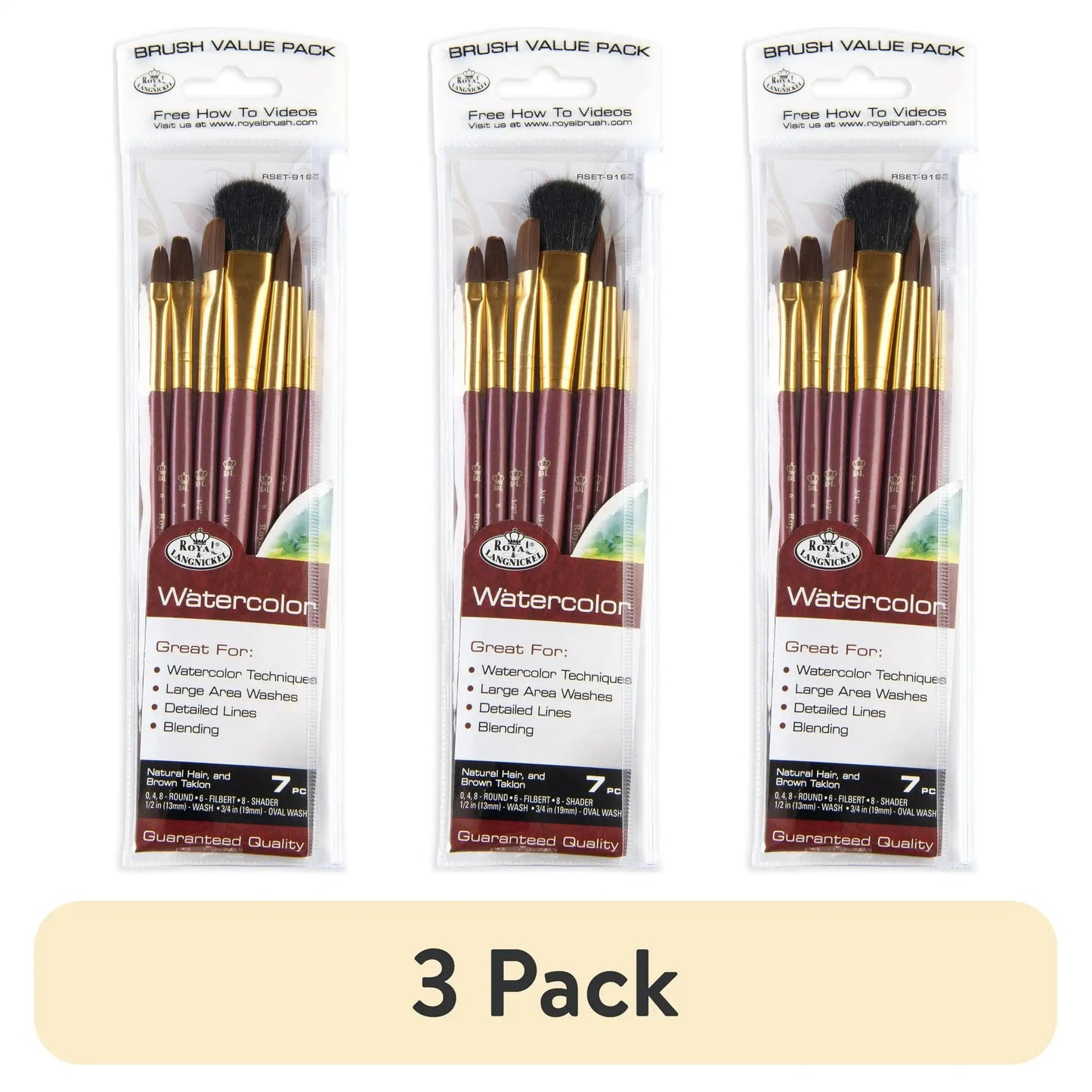 (3 pack) Royal & Langnickel - 7pc Brown Talkon Watercolor Artist Paint Brush Set
