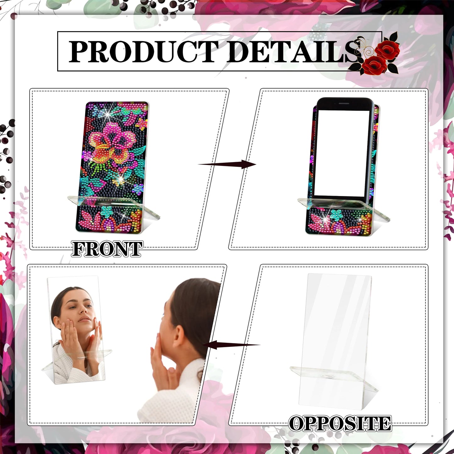 2 Pack Diamond Painting Phone Holder Art Kits, 5D Full Crystal Diamond Art Phone Holder& Mirror Craft Art Kits Gift for Beginner