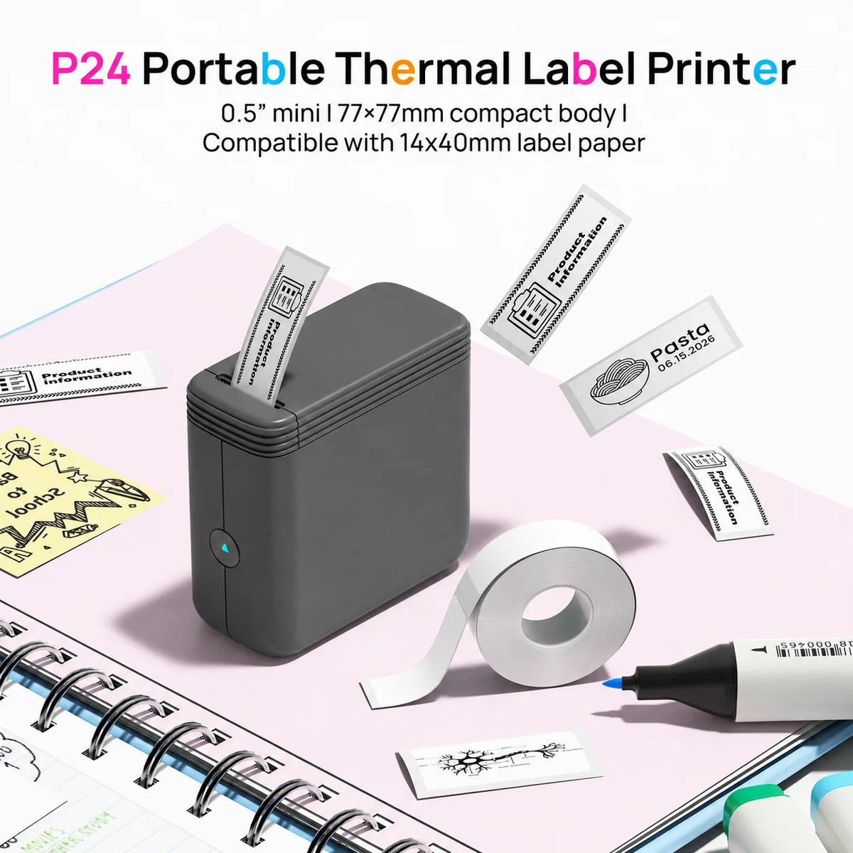 P24 Label Maker with 1 Roll of Label Paper, Portable Wireless Label Printer for Storage, Office, Home, Storage, Sticker Maker Mini Label Maker with Multiple Templates