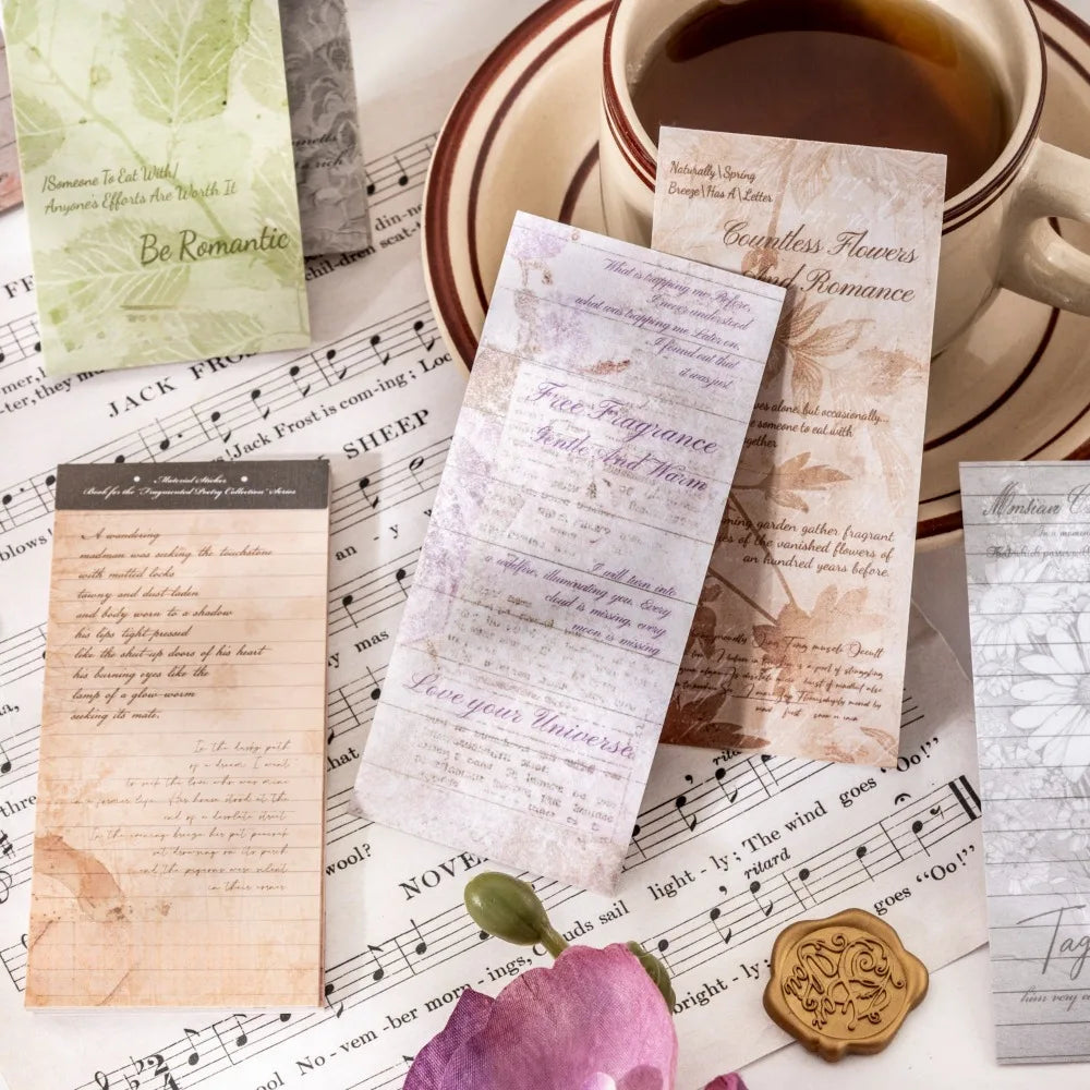 120pcs Vintage Poetry Sticker Book, 6 Styles Dual-Texture Scrapbooking Decals for Junk Journals (Floral & Text Collage Kit)