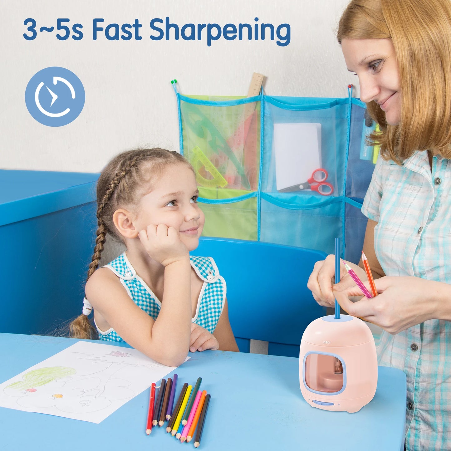 Deli Electric Pencil Sharpener,Efficient and Portable Sharpening Tool for Home, School, and Office Use,Blue, Pink, Yellow