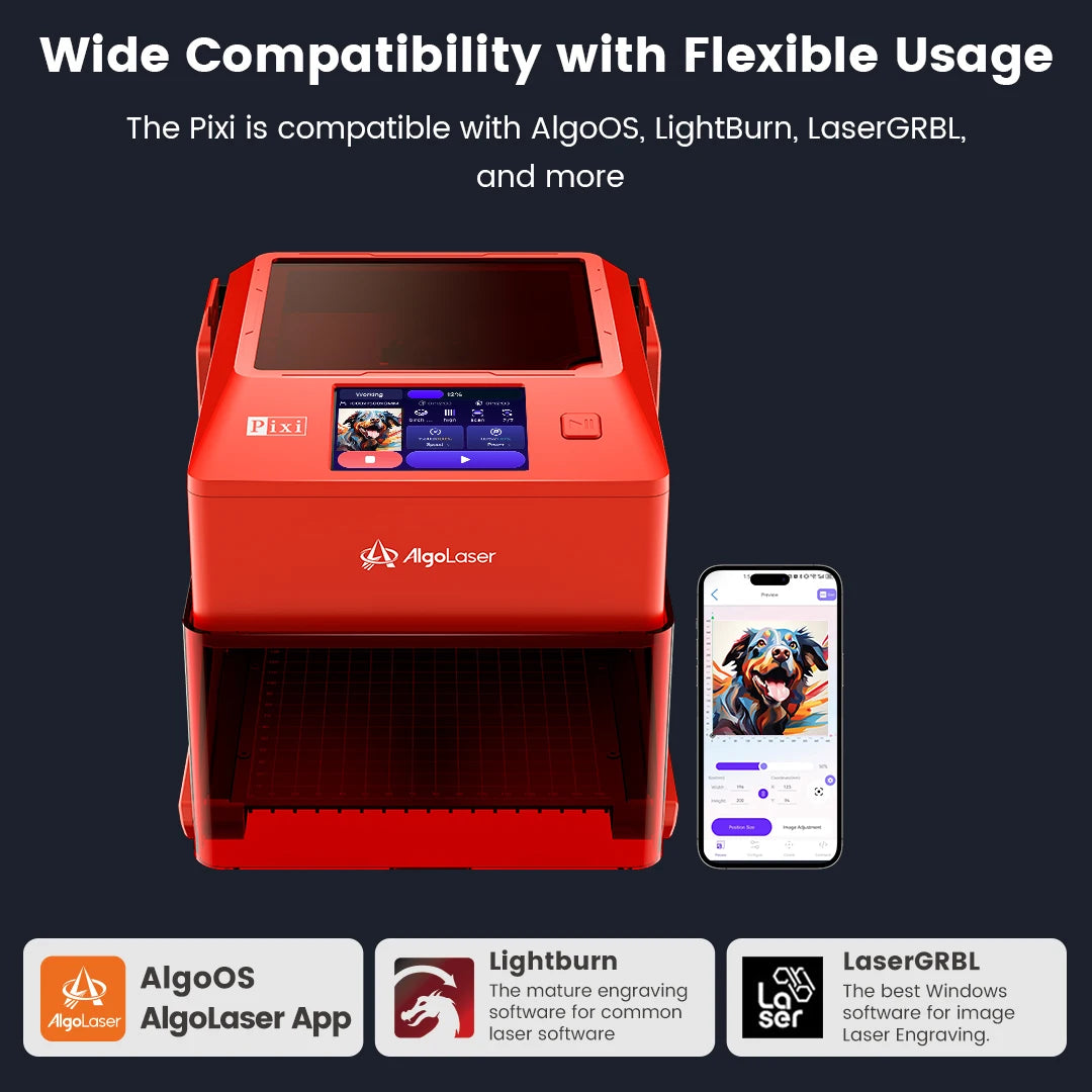 AlgoLaser PIXI Laser Engraver 3W/5W/10W Fully Enclosed Laser Engraving Machine 3.5 Inch Touch Screen Portable DIY Wood Leather Acrylic Cutter Commercial Custom Art Marking Tool