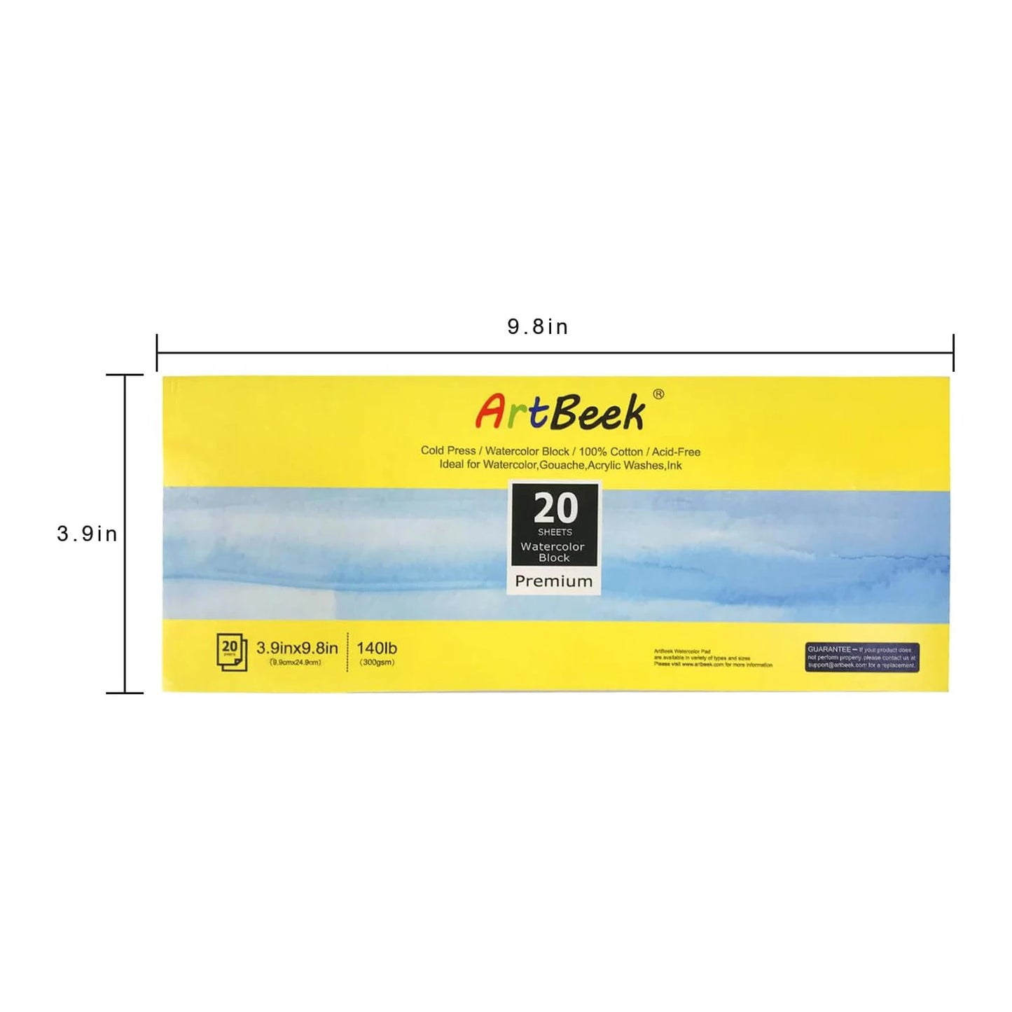 ArtBeek Watercolor Paper Block,3.9" x 9.8" Watercolor Block 20 Sheets 100% Cotton Cold Press 140lb/300GSM