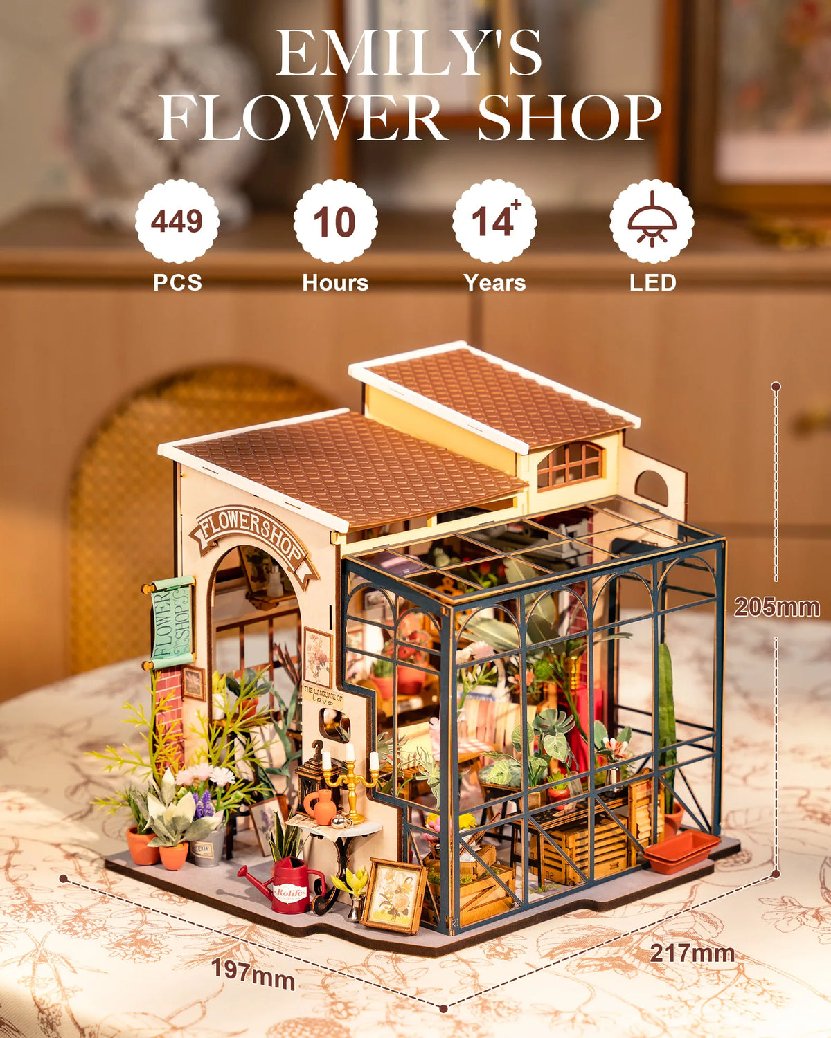 Rolife Wooden Dollhouse 3D Puzzle Toys Emily's Flower Shop DIY Miniature House Model Building Kit with LED Light for Home Decor Holiday Gift for Friends Adults