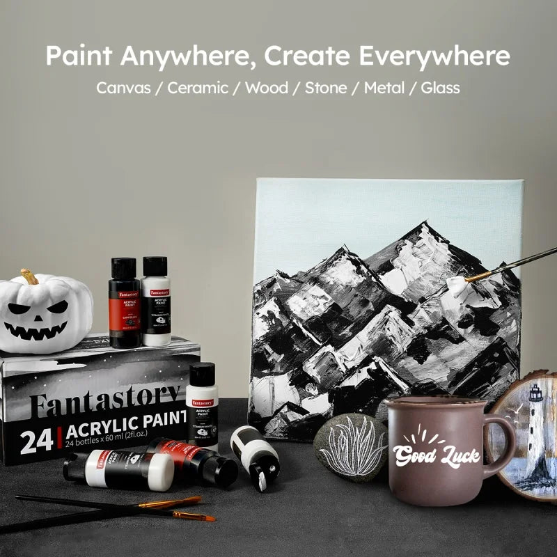 Fantastory 24x2oz White Acrylic Paint Set, Rich & Pure White Paint for Canvas, Glass, Paper, Stone, Craft Supplies, Holiday Gift