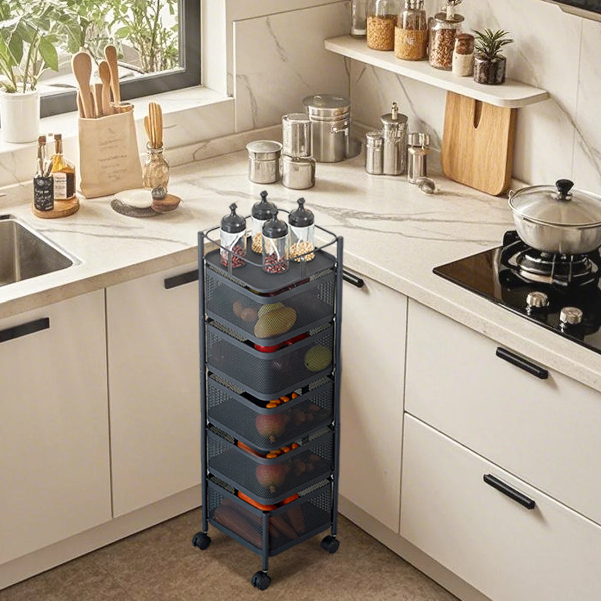 Storage Shelf Movable Gap Rack Serving Cart, Metal Mesh Basket with Lid, 
organizer Cart
