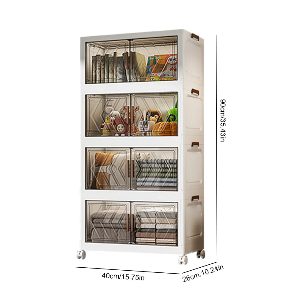 4 Tier Stackable Storage Bins with Lids with Doors & Wheels Foldable Organization Storage Drawer