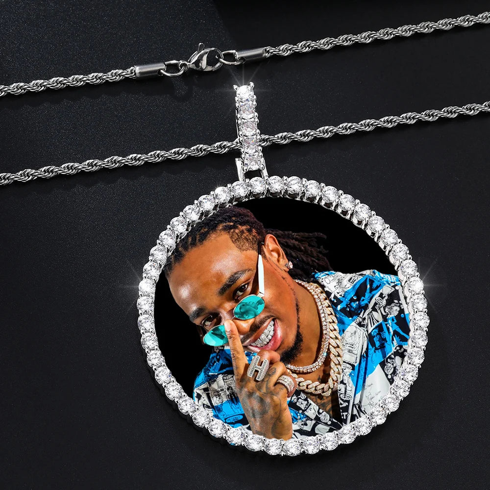 Hip Hop Custom Made Photo Iced Out Bling Cubic Zircon Round Necklace & Pendant For Men Jewelry With Tennis Chain
